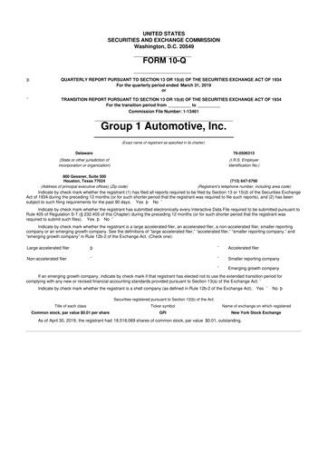 Miniature Group 1 Automotive 10-Q Rapport trimestriel 2019 