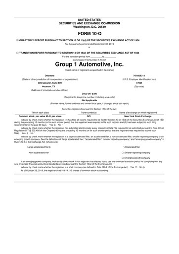 Miniature Group 1 Automotive 10-Q Rapport trimestriel 2019 