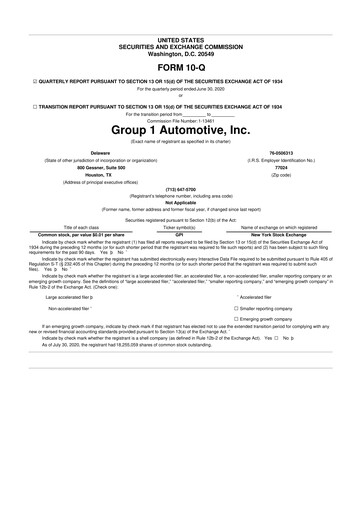 Miniature Group 1 Automotive 10-Q Rapport trimestriel 2020 
