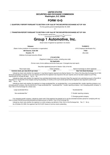 Miniature Group 1 Automotive 10-Q Rapport trimestriel 2020 