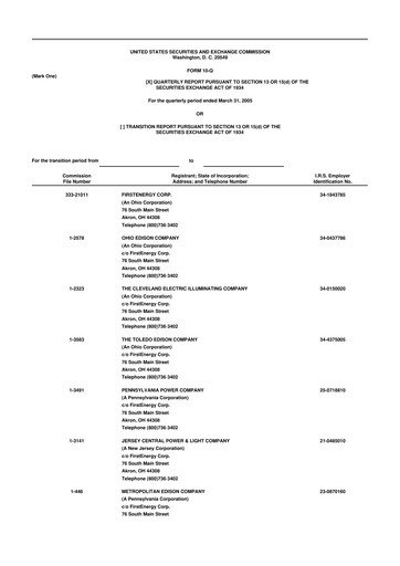 Thumbnail FirstEnergy 10-Q Quarterly Report FY 