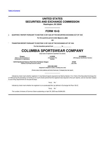 Thumbnail Columbia Sportswear
 10-Q Quarterly Report FY 