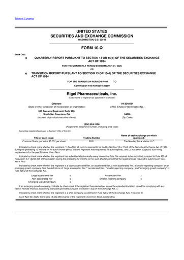 Thumbnail Rigel Pharmaceuticals 10-Q Quarterly Report FY 