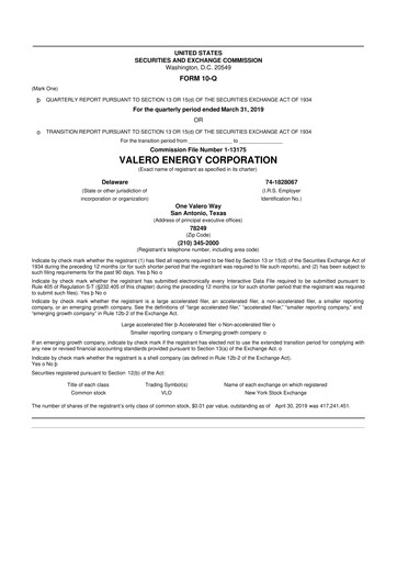 Thumbnail Valero Energy 10-Q Quarterly Report FY2019 