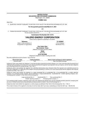 Thumbnail Valero Energy 10-Q Quarterly Report FY2021 