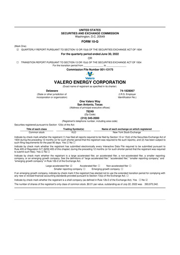 Thumbnail Valero Energy 10-Q Quarterly Report FY2022 