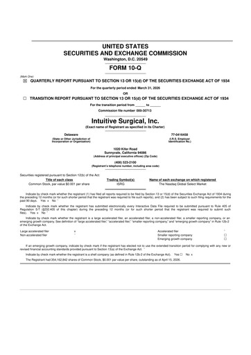 Thumbnail Intuitive Surgical 10-Q Quarterly Report FY 