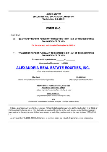 Thumbnail Alexandria Real Estate Equities
 10-Q Quarterly Report FY 
