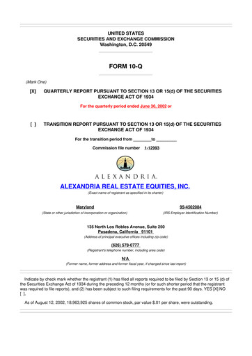Thumbnail Alexandria Real Estate Equities
 10-Q Quarterly Report FY 
