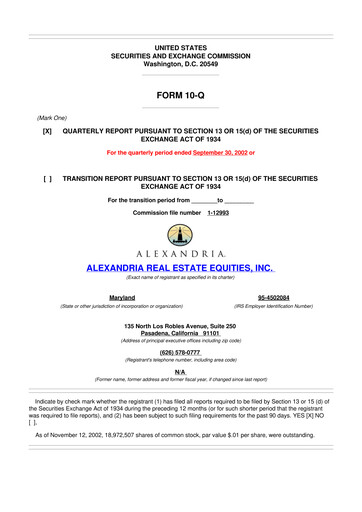 Thumbnail Alexandria Real Estate Equities
 10-Q Quarterly Report FY 