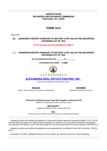 Thumbnail Alexandria Real Estate Equities
 10-Q Quarterly Report FY 