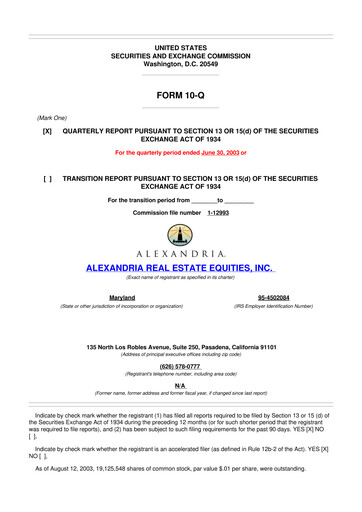 Thumbnail Alexandria Real Estate Equities
 10-Q Quarterly Report FY 