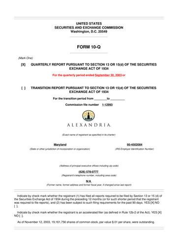 Thumbnail Alexandria Real Estate Equities
 10-Q Quarterly Report FY 