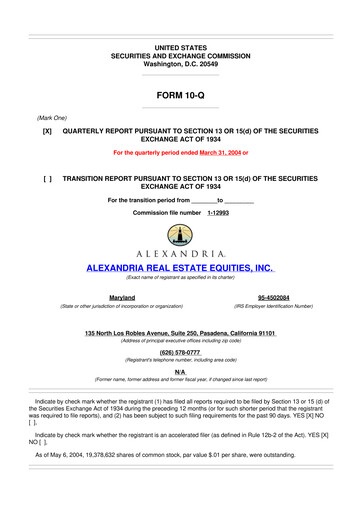 Thumbnail Alexandria Real Estate Equities
 10-Q Quarterly Report FY 