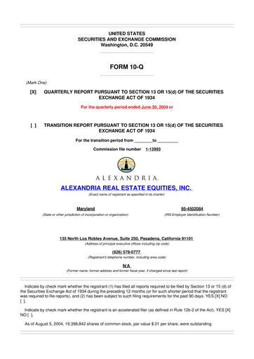 Thumbnail Alexandria Real Estate Equities
 10-Q Quarterly Report FY 