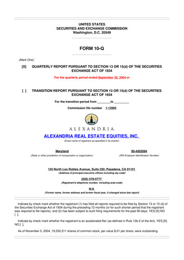 Thumbnail Alexandria Real Estate Equities
 10-Q Quarterly Report FY 