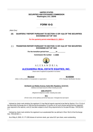 Thumbnail Alexandria Real Estate Equities
 10-Q Quarterly Report FY 