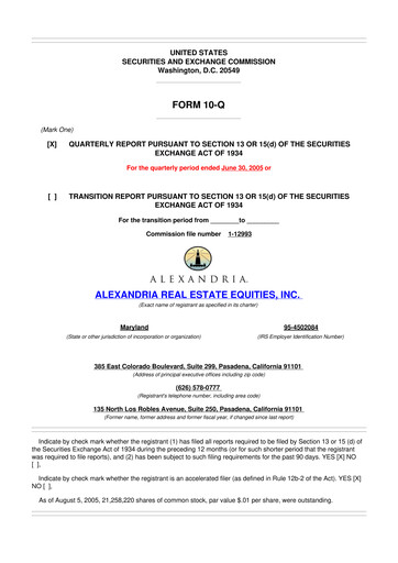 Thumbnail Alexandria Real Estate Equities
 10-Q Quarterly Report FY 