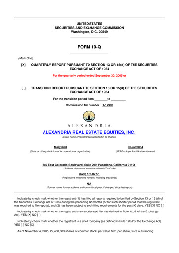 Thumbnail Alexandria Real Estate Equities
 10-Q Quarterly Report FY 