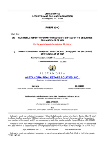 Thumbnail Alexandria Real Estate Equities
 10-Q Quarterly Report FY 