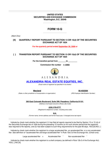 Thumbnail Alexandria Real Estate Equities
 10-Q Quarterly Report FY 