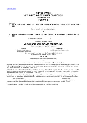 Thumbnail Alexandria Real Estate Equities
 10-Q Quarterly Report FY2013 