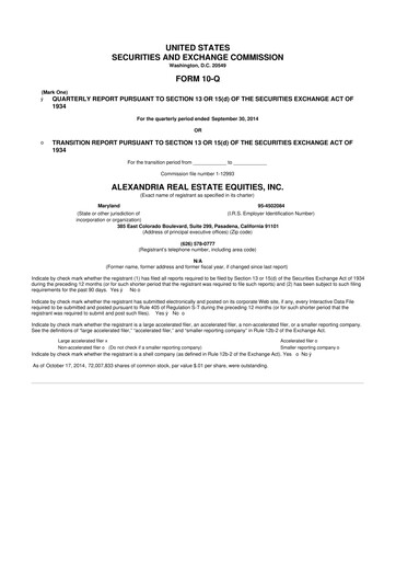 Thumbnail Alexandria Real Estate Equities
 10-Q Quarterly Report FY2014 