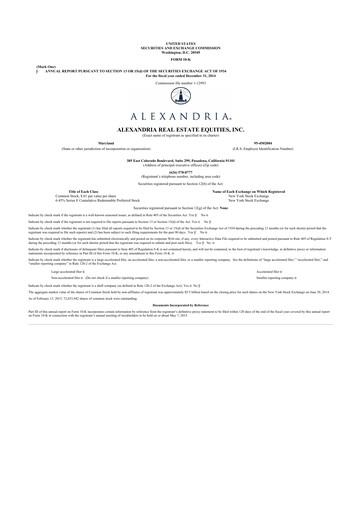 Thumbnail Alexandria Real Estate Equities
 10-K Annual Report 2014