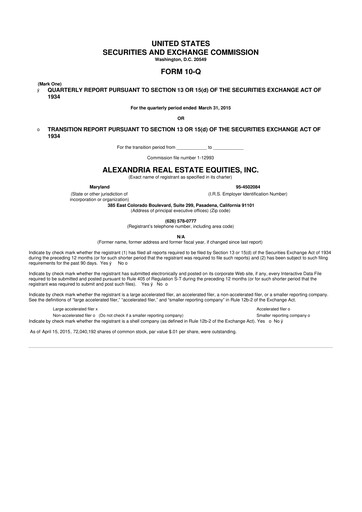 Thumbnail Alexandria Real Estate Equities
 10-Q Quarterly Report FY2015 