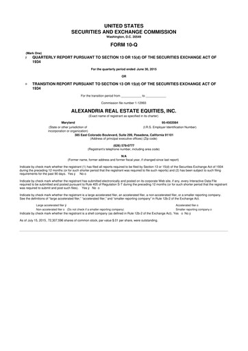 Thumbnail Alexandria Real Estate Equities
 10-Q Quarterly Report FY2015 
