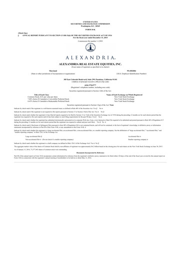 Thumbnail Alexandria Real Estate Equities
 10-K Annual Report 2015
