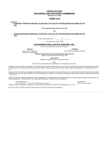 Thumbnail Alexandria Real Estate Equities
 10-Q Quarterly Report FY2016 