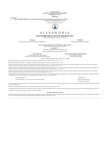 Thumbnail Alexandria Real Estate Equities
 10-K Annual Report 2017