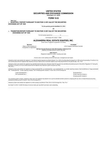 Thumbnail Alexandria Real Estate Equities
 10-Q Quarterly Report FY2019 