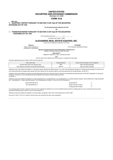 Thumbnail Alexandria Real Estate Equities
 10-Q Quarterly Report FY2019 