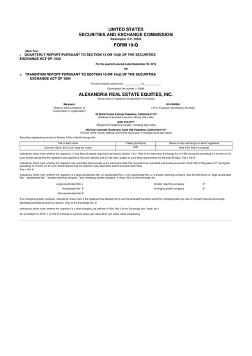 Thumbnail Alexandria Real Estate Equities
 10-Q Quarterly Report FY2019 