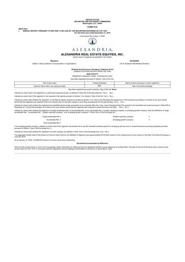 Thumbnail Alexandria Real Estate Equities
 10-K Annual Report 2019