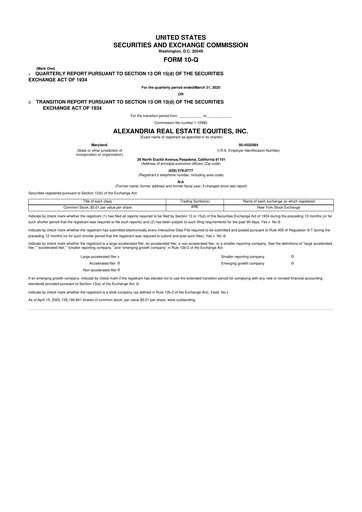 Thumbnail Alexandria Real Estate Equities
 10-Q Quarterly Report FY2020 