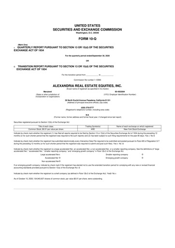 Thumbnail Alexandria Real Estate Equities
 10-Q Quarterly Report FY2020 