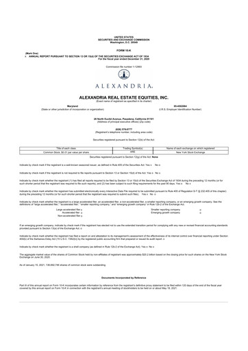 Thumbnail Alexandria Real Estate Equities
 10-K Annual Report 2020