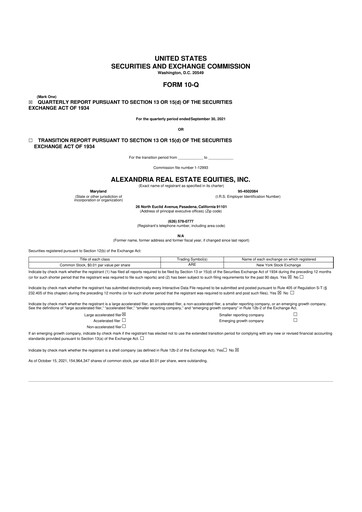 Thumbnail Alexandria Real Estate Equities
 10-Q Quarterly Report FY2021 