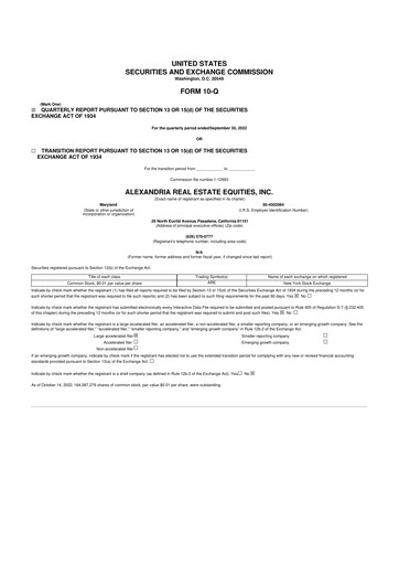 Thumbnail Alexandria Real Estate Equities
 10-Q Quarterly Report FY2022 