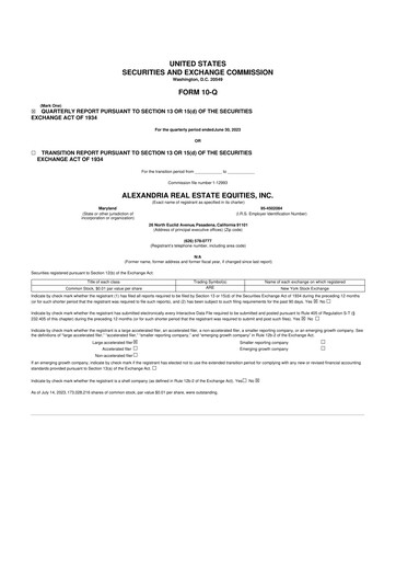 Thumbnail Alexandria Real Estate Equities
 10-Q Quarterly Report FY2023 