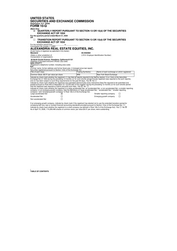Thumbnail Alexandria Real Estate Equities
 10-Q Quarterly Report FY 