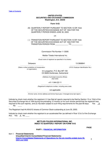 Thumbnail Mettler Toledo 10-Q Quarterly Report FY 