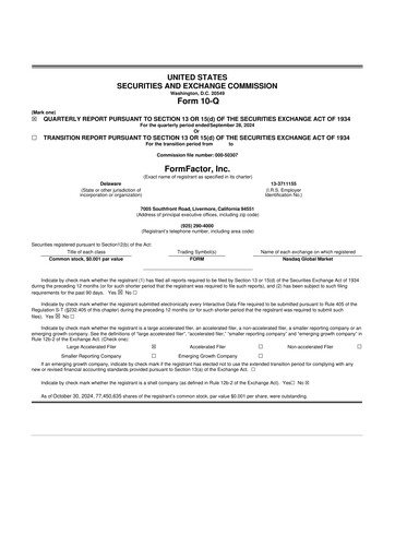 Thumbnail FormFactor 10-Q Quarterly Report FY 