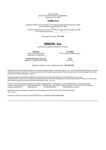 Thumbnail Oneok 10-Q Quarterly Report FY 