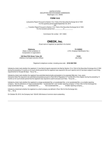 Thumbnail Oneok 10-Q Quarterly Report FY2010 