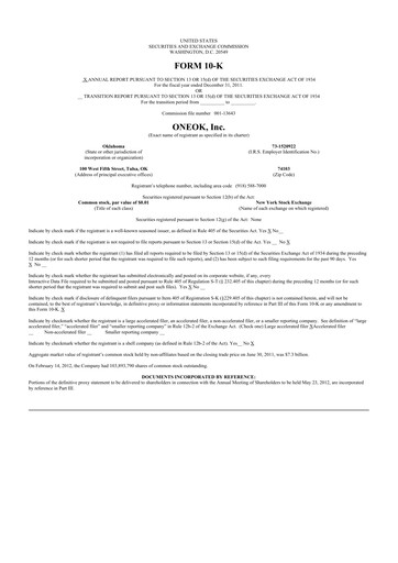 Thumbnail Oneok 10-K Annual Report 2011