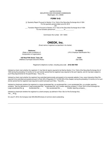 Thumbnail Oneok 10-Q Quarterly Report FY2012 